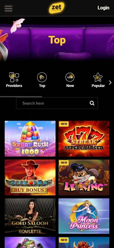 Zetcasino casino game lobby on a mobile browser