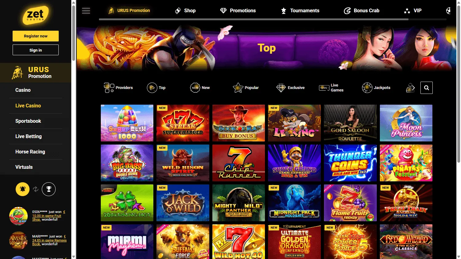 Zetcasino casino game lobby on desktop
