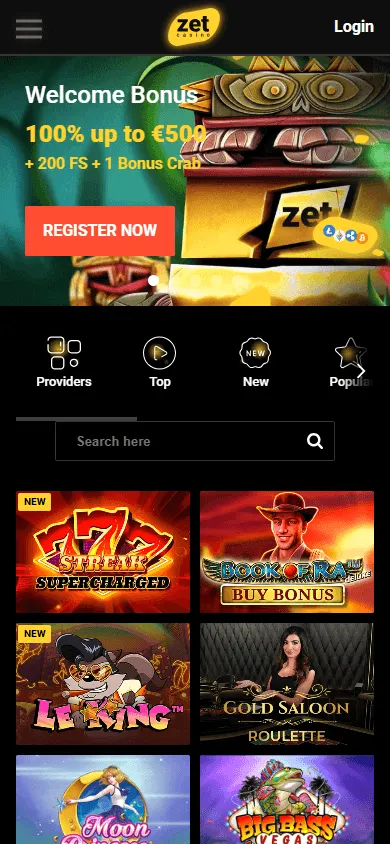 Zetcasino home interface in a mobile browser