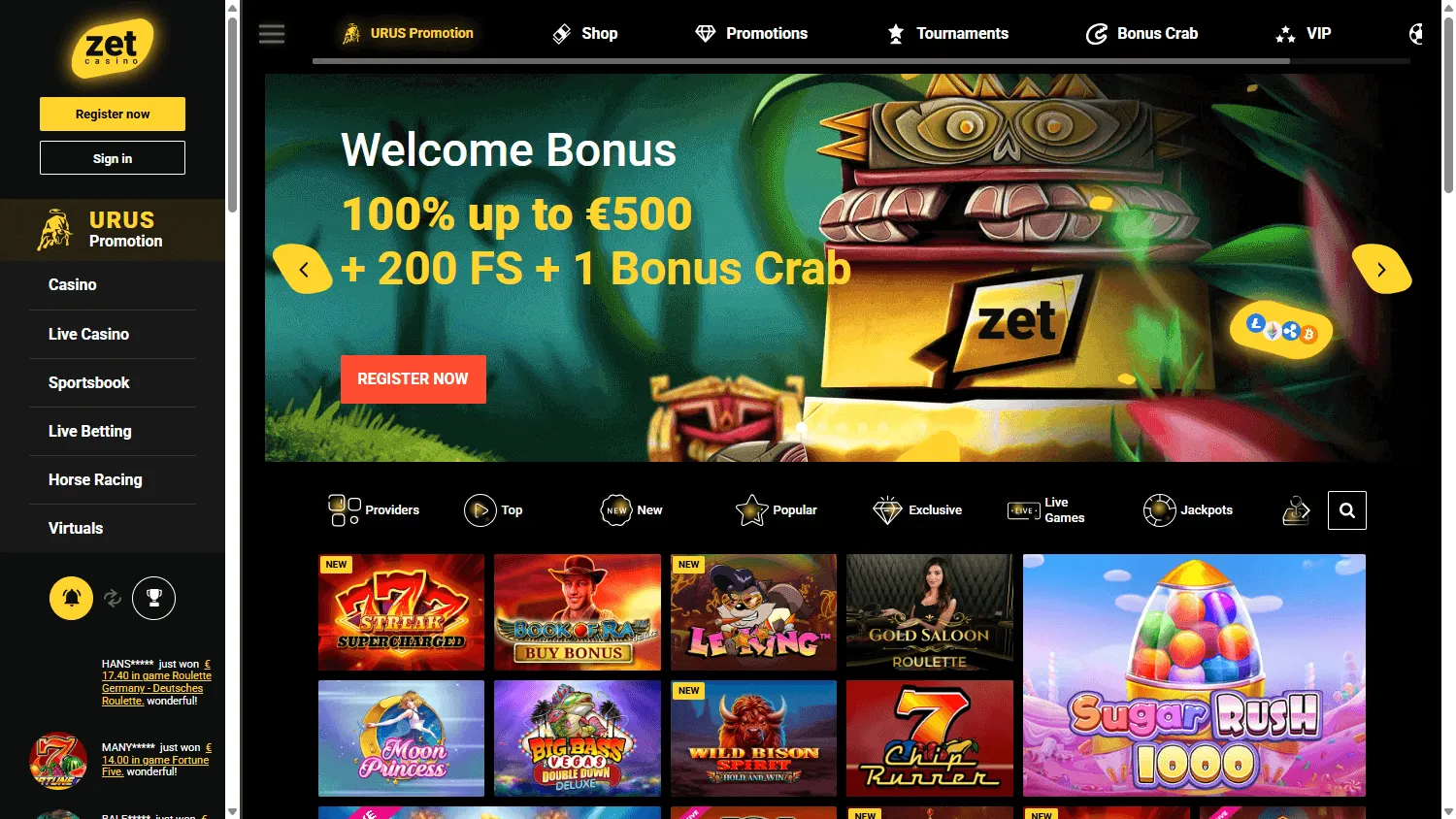 Zetcasino home interface on a desktop computer