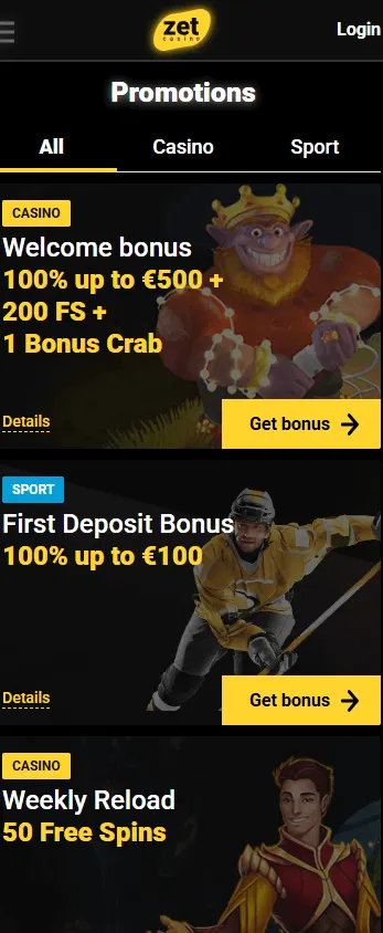 Zetcasino promotions area on a mobile browser