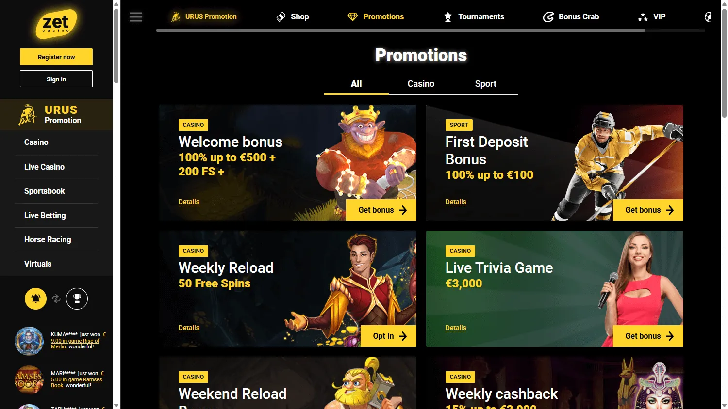 Zetcasino promotions area on desktop